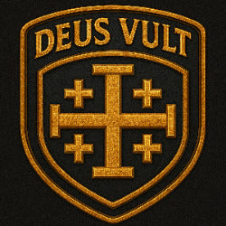 “DEUS VULT” god wills it  Signature Velcro Patch, Black & Gold Jerusalem Cross by Crusader Menswear. On Sale Buy 4 get 1 Free