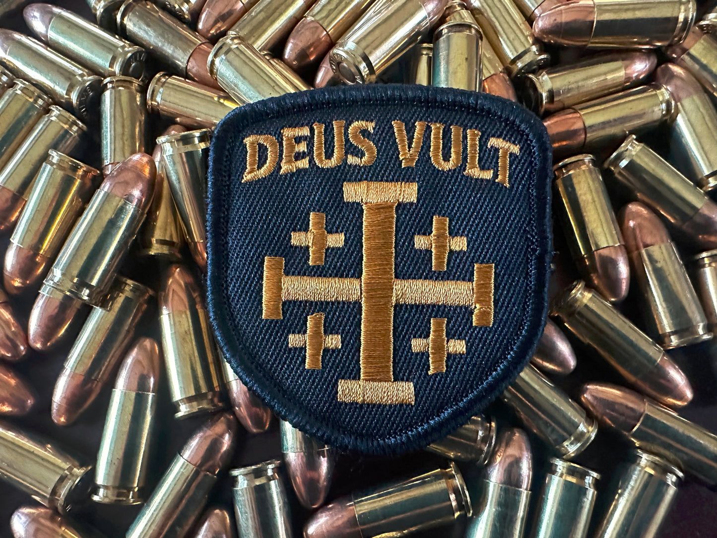 “DEUS VULT” god wills it  Signature Velcro Patch, Black & Gold Jerusalem Cross by Crusader Menswear. On Sale Buy 4 get 1 Free