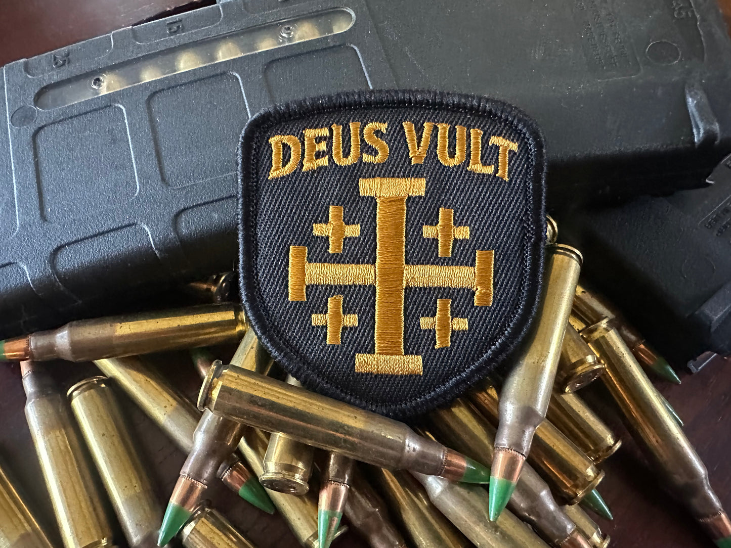 “DEUS VULT” god wills it  Signature Velcro Patch, Black & Gold Jerusalem Cross by Crusader Menswear. On Sale Buy 4 get 1 Free