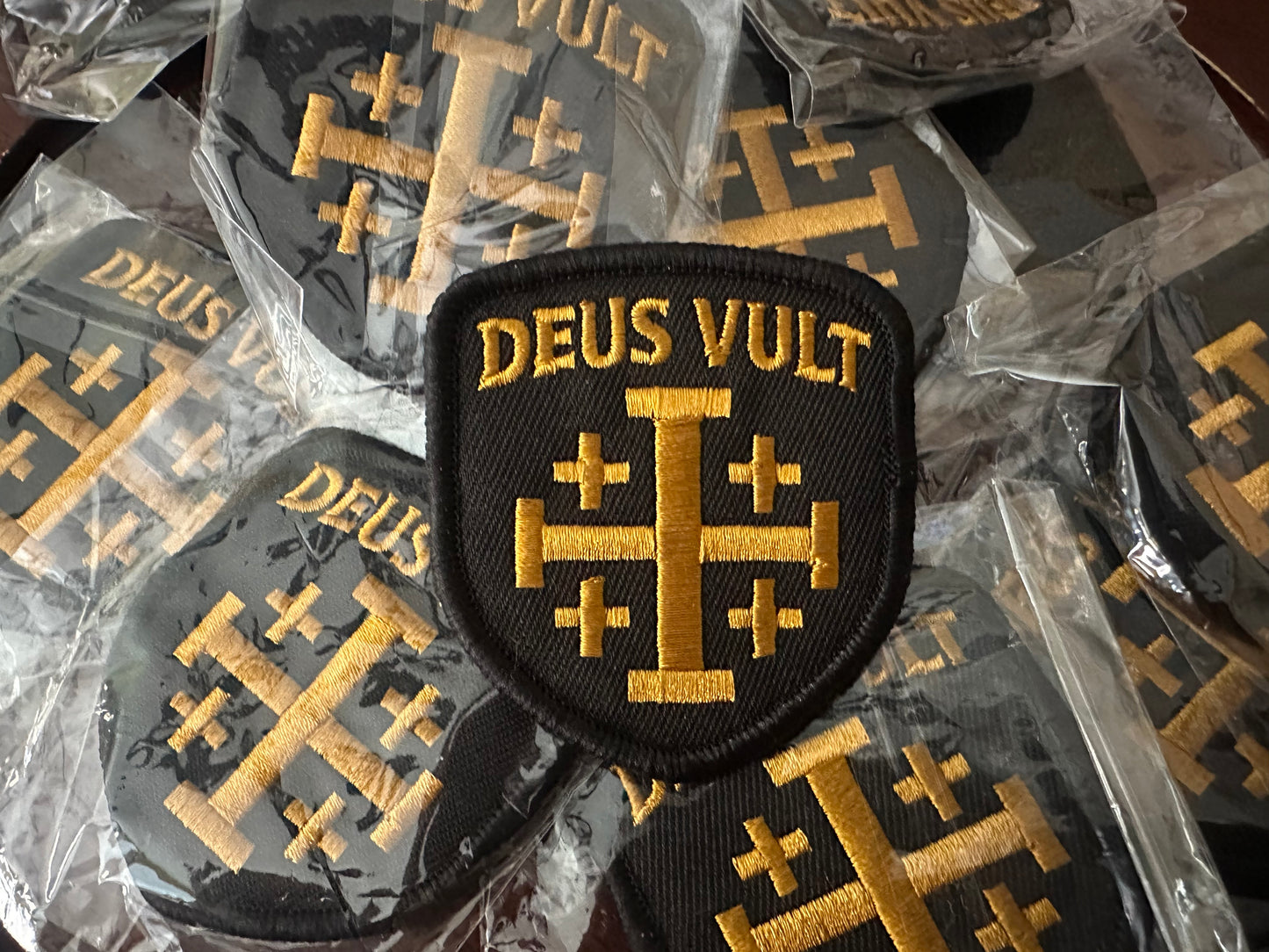 “DEUS VULT” god wills it  Signature Velcro Patch, Black & Gold Jerusalem Cross by Crusader Menswear. On Sale Buy 4 get 1 Free